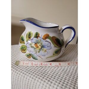 FTD Vintage Hand Painted Italy Ceramic Floral Creamer Pitcher Blue White Small